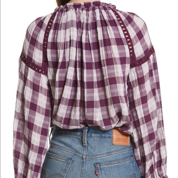Free People Honey Grove Plaid Blouse Long Sleeve Flowy Boho Top Purple - Picture 3 of 8